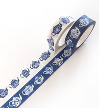 Load image into Gallery viewer, Blue & White Teapots 15mm Washi Tape Blue Background