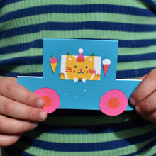 Load image into Gallery viewer, Party Cat Little Blue Car Die Cut Card