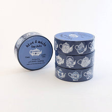 Load image into Gallery viewer, Blue & White Teapots 15mm Washi Tape Blue Background