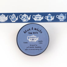 Load image into Gallery viewer, Blue & White Teapots 15mm Washi Tape Blue Background