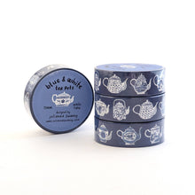 Load image into Gallery viewer, Blue & White Teapots 15mm Washi Tape Blue Background