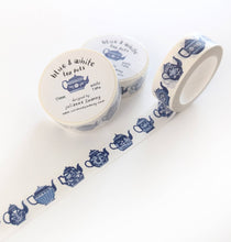 Load image into Gallery viewer, Blue & White Teapots 15mm Washi Tape White Background