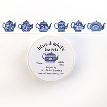 Load image into Gallery viewer, Blue & White Teapots 15mm Washi Tape White Background