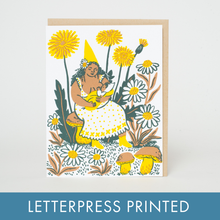 Load image into Gallery viewer, Dandelion Baby &amp; Gnome Letterpress Greeting Card by Phoebe Wahl
