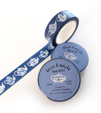 Load image into Gallery viewer, Blue &amp; White Teapots 15mm Washi Tape Blue Background
