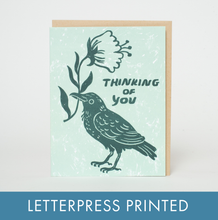 Load image into Gallery viewer, Thinking of You Crow Letterpress Greeting Card by Phoebe Wahl

