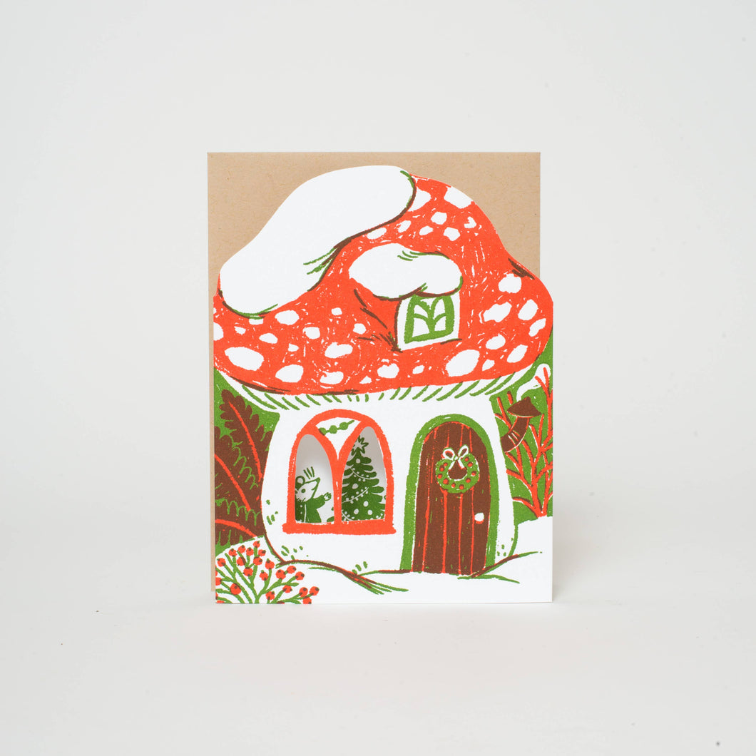 Merry Mushroom House Letterpress Holiday Greeting Card by Phoebe Wahl