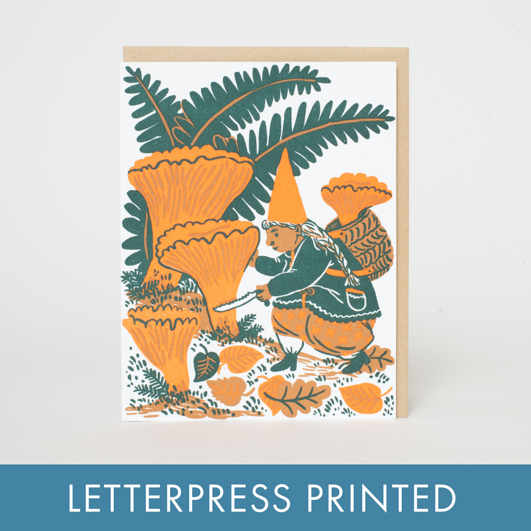 Mushroom Picking Gnome Letterpress Greeting Card