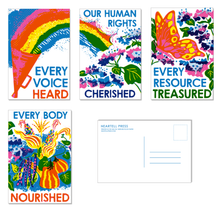 Load image into Gallery viewer, Ours to Protect Set of 4 Risograph Social Change Postcards
